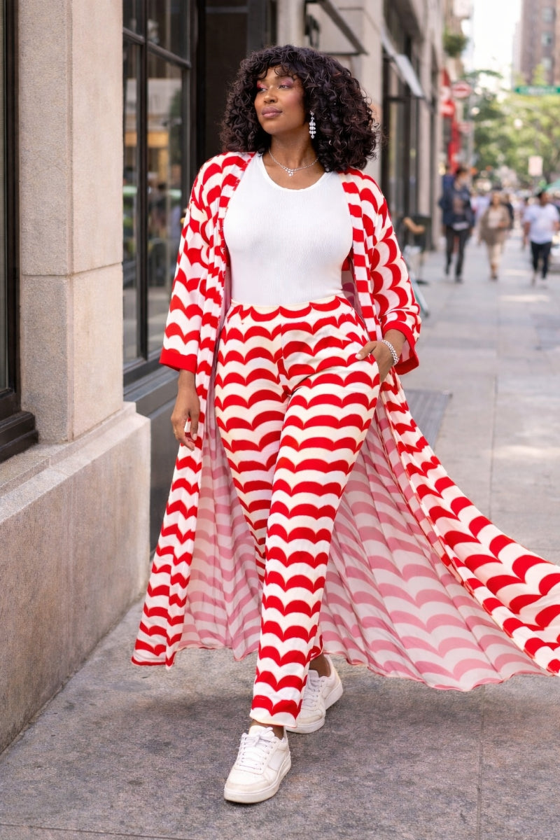 Women's red patterned kimono set styled with sneakers for casual wear