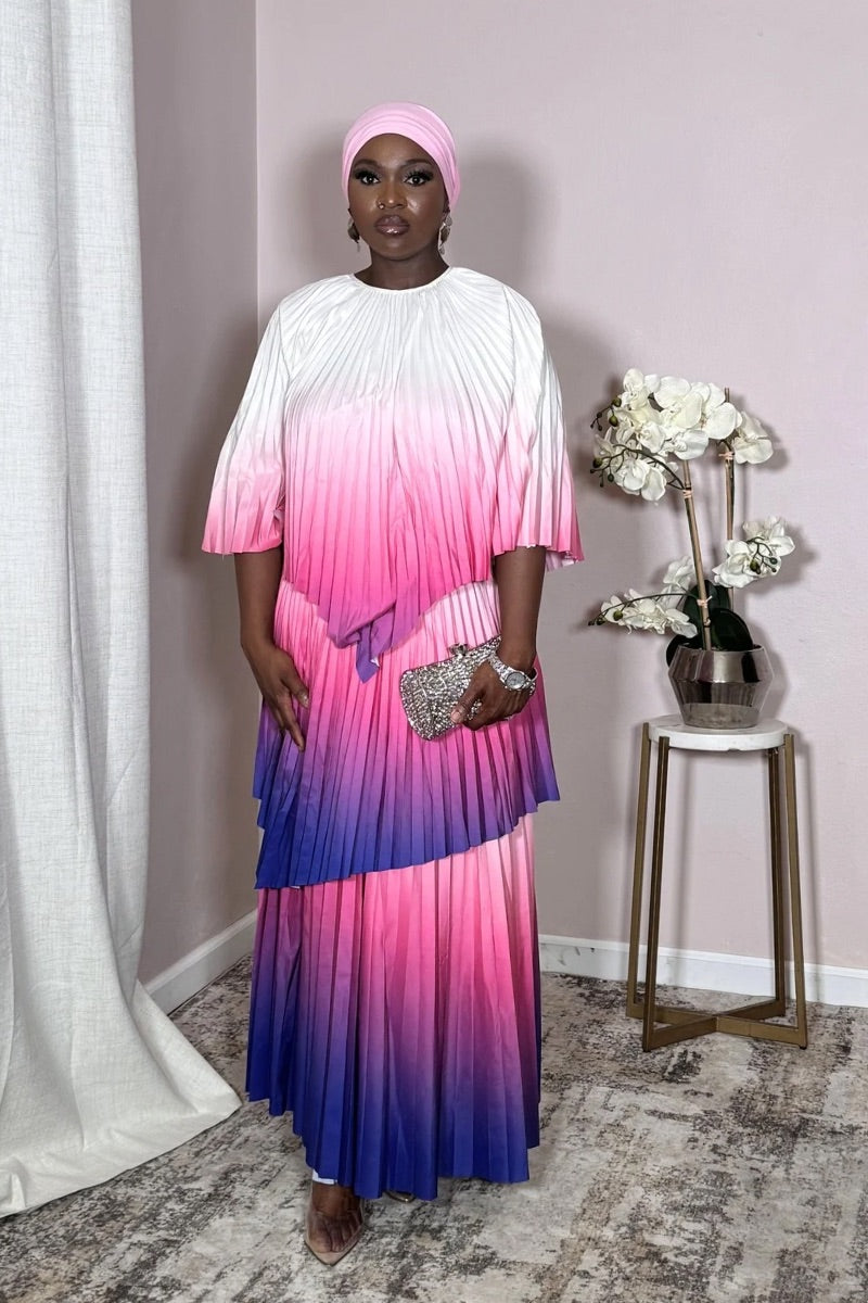 Close-up detail of pleated ombré fabric in Aurora Rose Twilight showing pink-to-violet gradient.