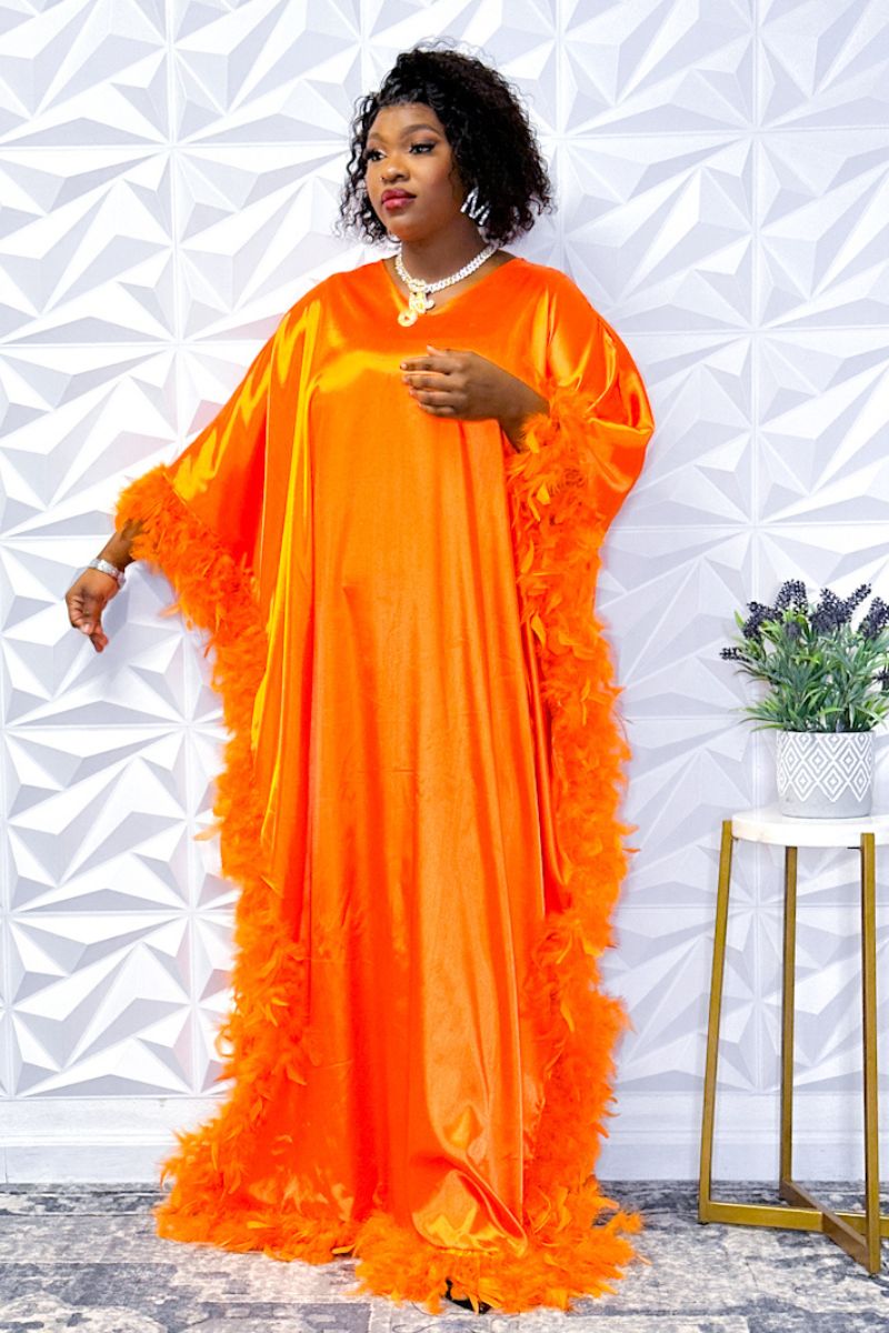 Luxurious Orange Silk Robe with Feather Trim