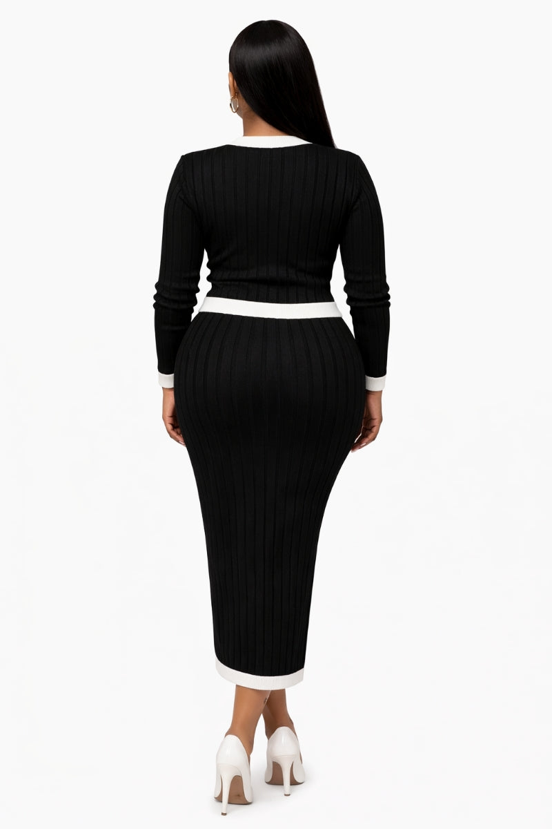 Opulent Shines Black & White Ribbed Knit Skirt Set – Elegant Two Piece Outfit for Women