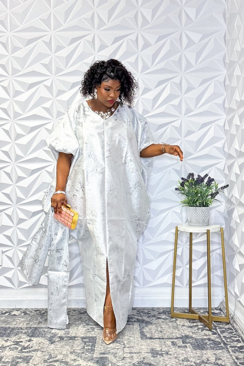 Elegant Silver Jacquard Midi Dress with Side Slit