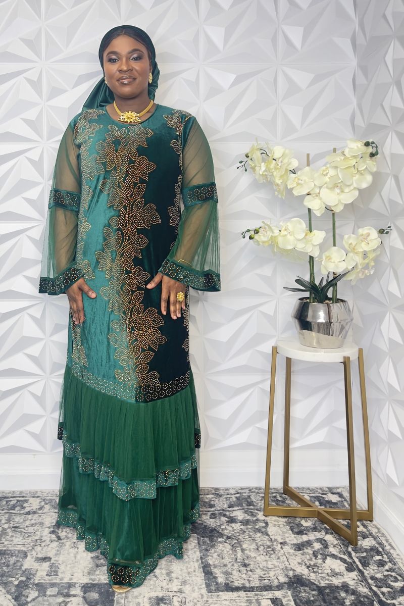 Sheri Rhinestone Velvet & Chiffon Long-Sleeve Maxi Dress with Head Tie
