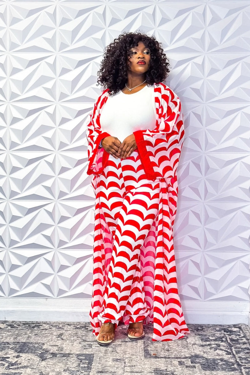 Breezy Red Wave Chiffon Set for Summer Leisure