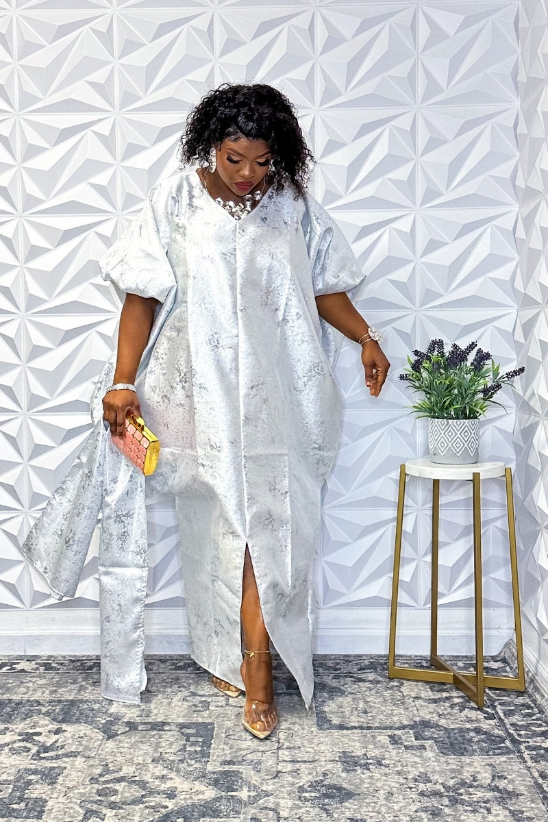 Elegant Silver Jacquard Midi Dress with Side Slit