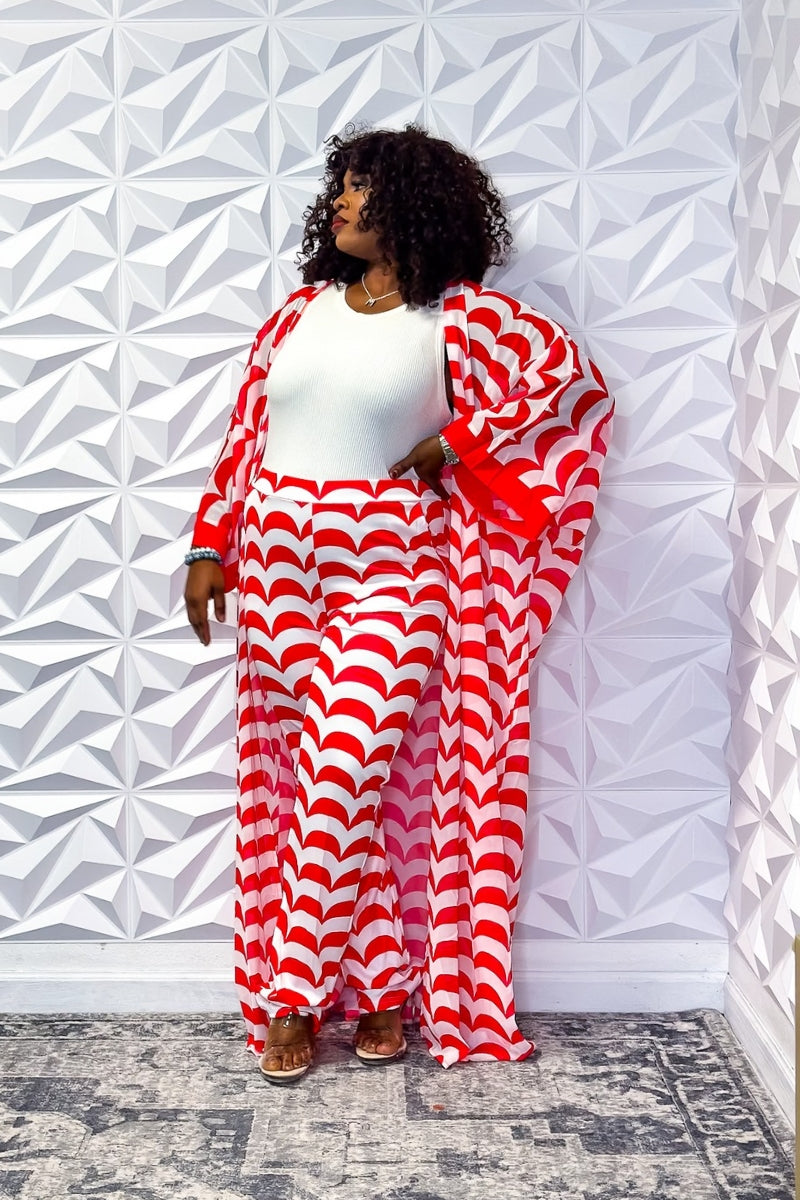 Breezy Red Wave Chiffon Set for Summer Leisure