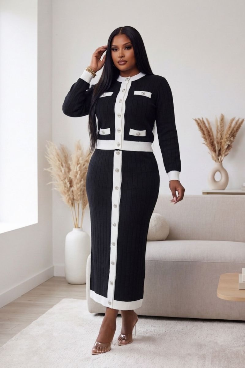 Opulent Shines Black & White Ribbed Knit Skirt Set – Elegant Two Piece Outfit for Women