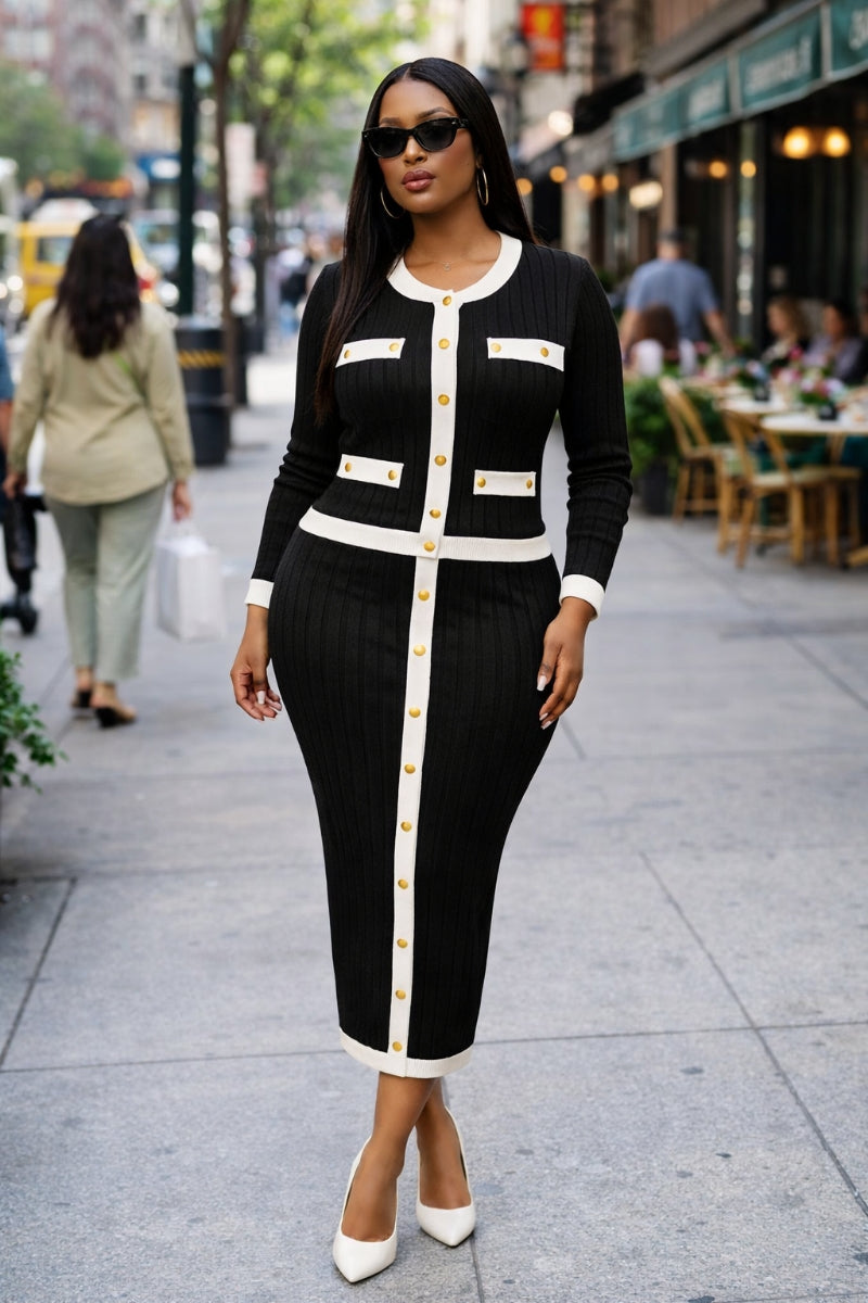 Opulent Shines Black & White Ribbed Knit Skirt Set – Elegant Two Piece Outfit for Women