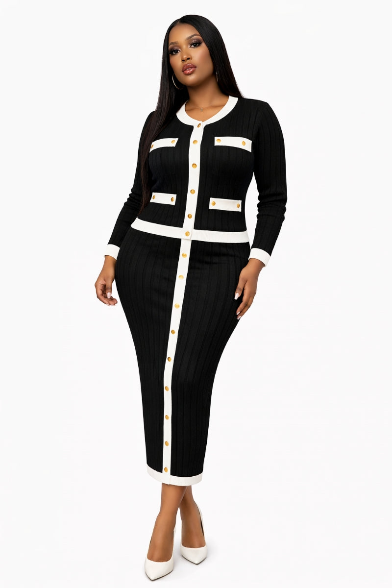 Opulent Shines Black & White Ribbed Knit Skirt Set – Elegant Two Piece Outfit for Women