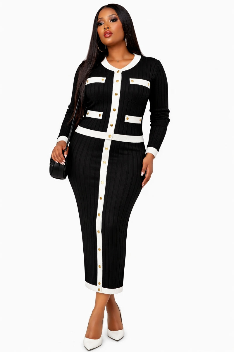Opulent Shines Black & White Ribbed Knit Skirt Set – Elegant Two Piece Outfit for Women
