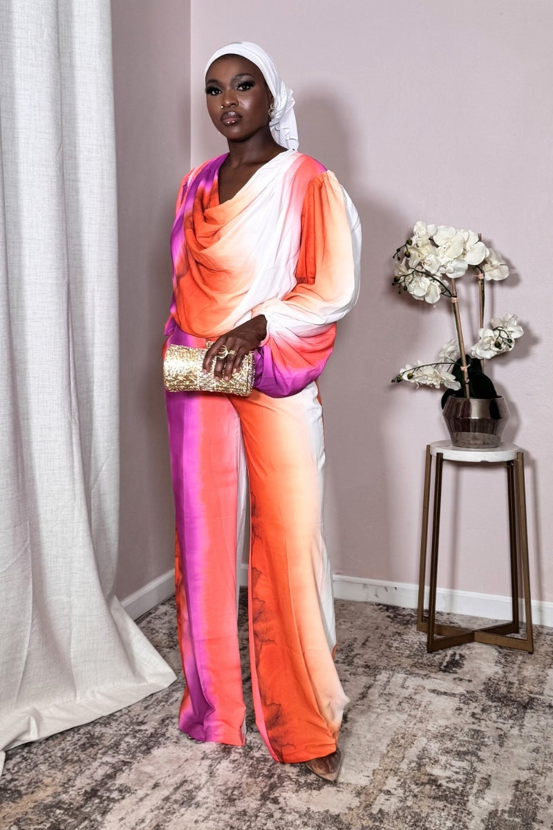 Sunset Glow Satin Cowl-Neck Wide-Leg Set