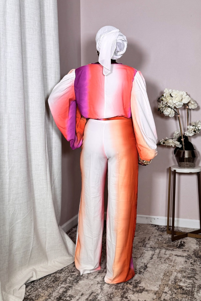 Sunset Glow Satin Cowl-Neck Wide-Leg Set