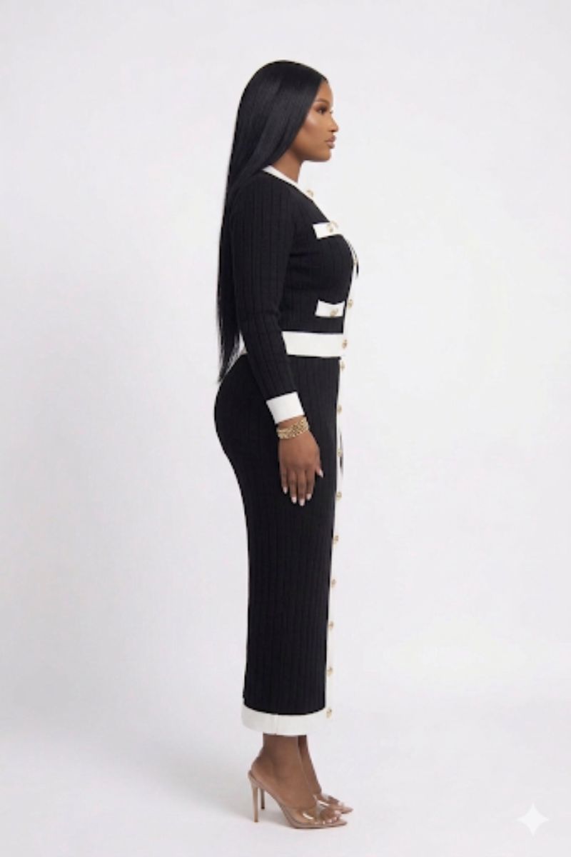 Opulent Shines Black & White Ribbed Knit Skirt Set – Elegant Two Piece Outfit for Women