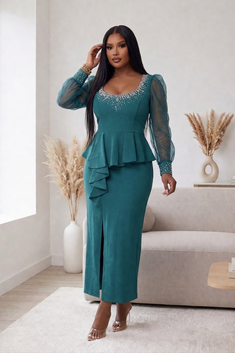 Teal Rhinestone Peplum
Maxi Dress