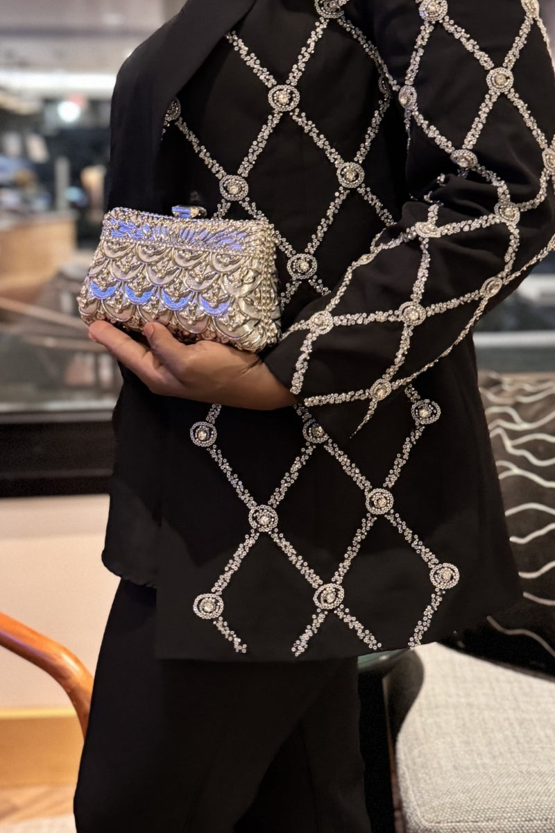 Vespera Scalloped Crystal Clutch — Silver