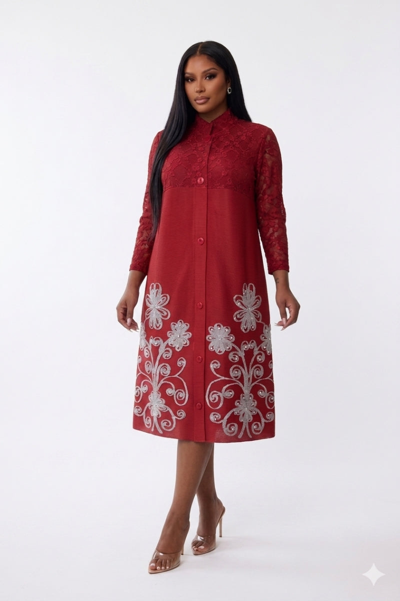 Red Lace & Embroidered Button-Down Midi Dress