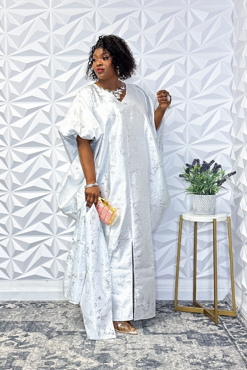 Elegant Silver Jacquard Midi Dress with Side Slit