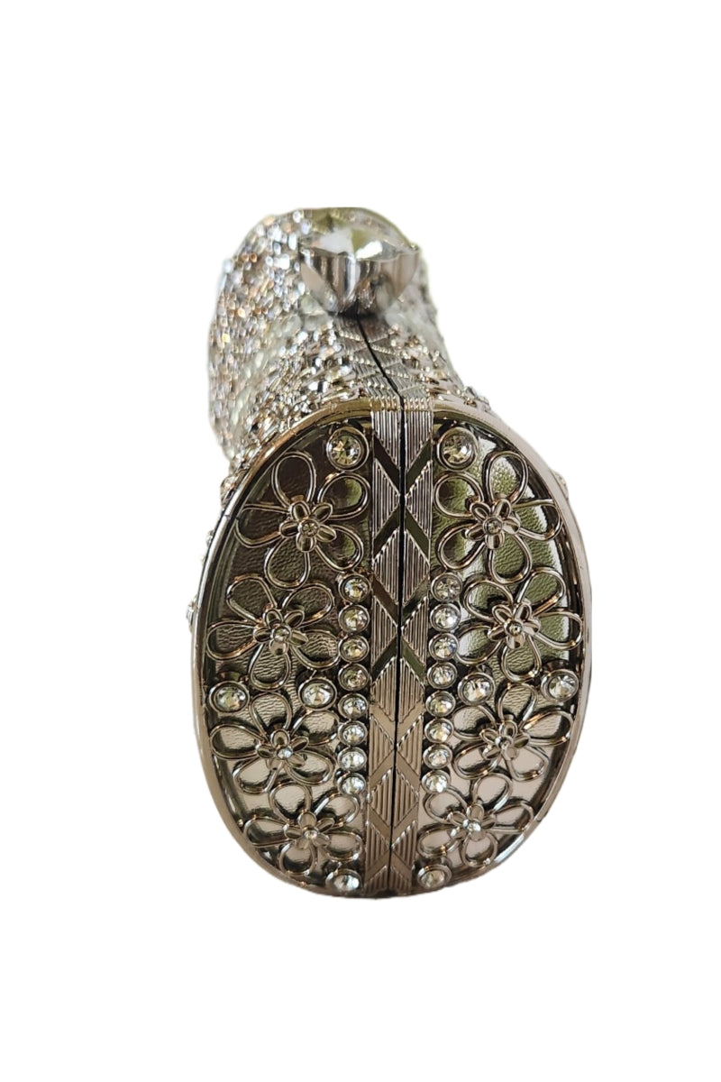 Silver crystal-embellished evening clutch, back view.