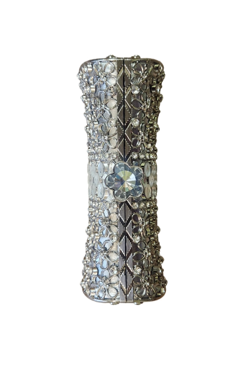 Detail of crystal detailing on Celeste Floral Mosaic Clutch in silver