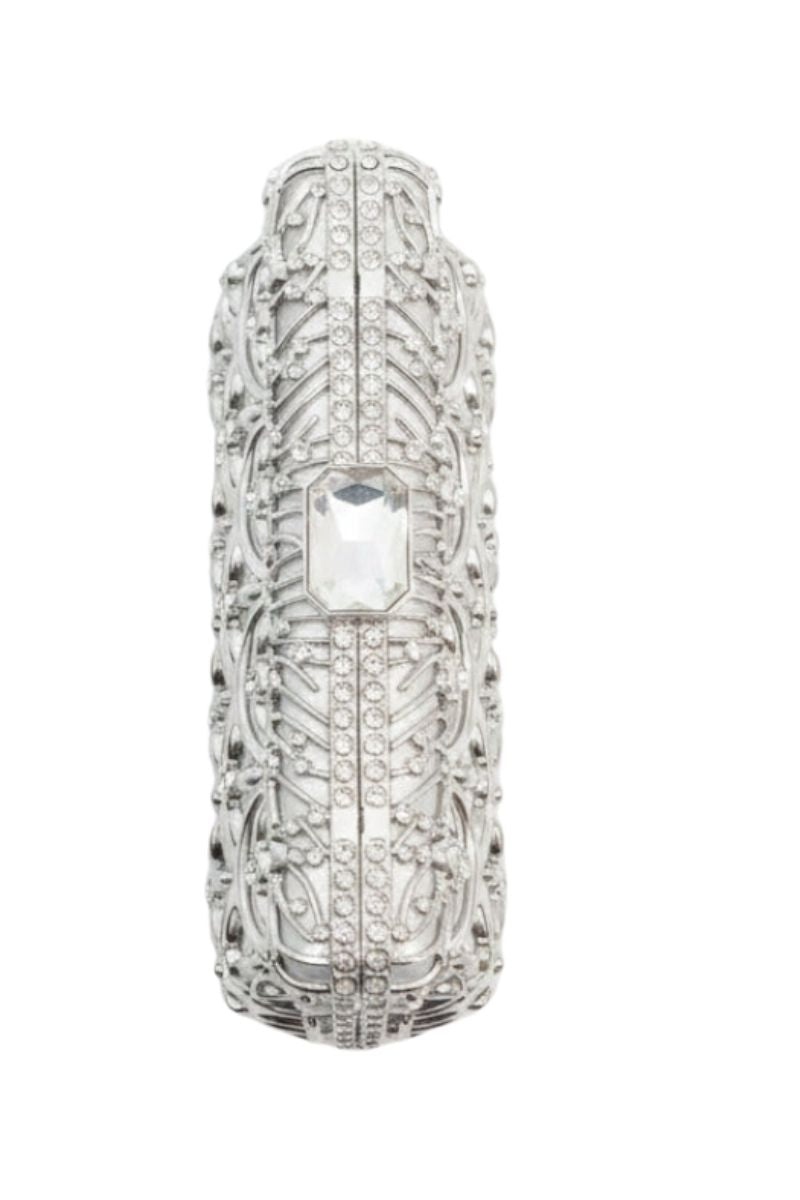 A silver metallic clutch bag with an intricate, ornate filigree pattern and a small top clasp, shown against a plain white background.
