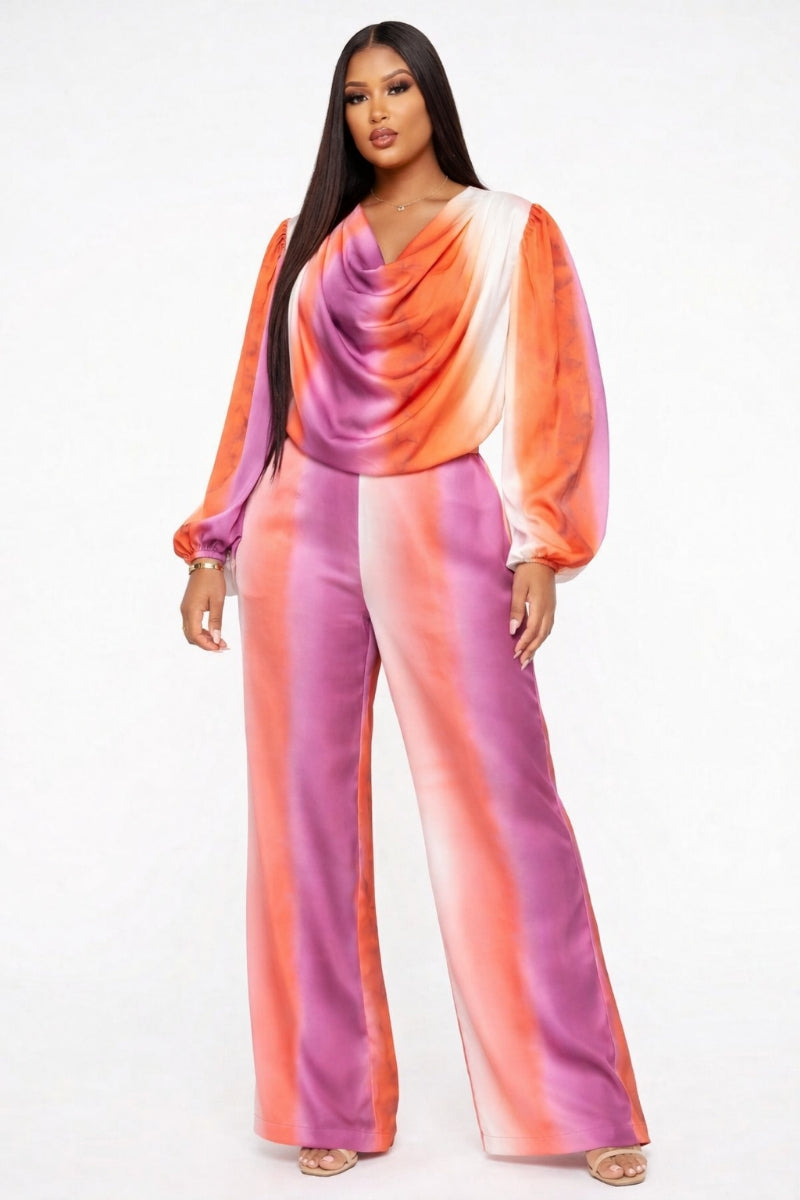 Women's satin ombre orange purple cowl-neck wide-leg two-piece set front view