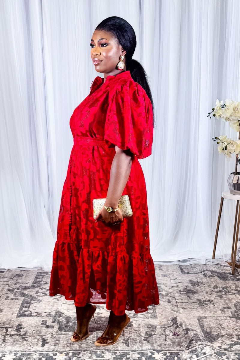 Crimson Bloom – Vintage Burgundy Lace Midi Dress with Puff Sleeves