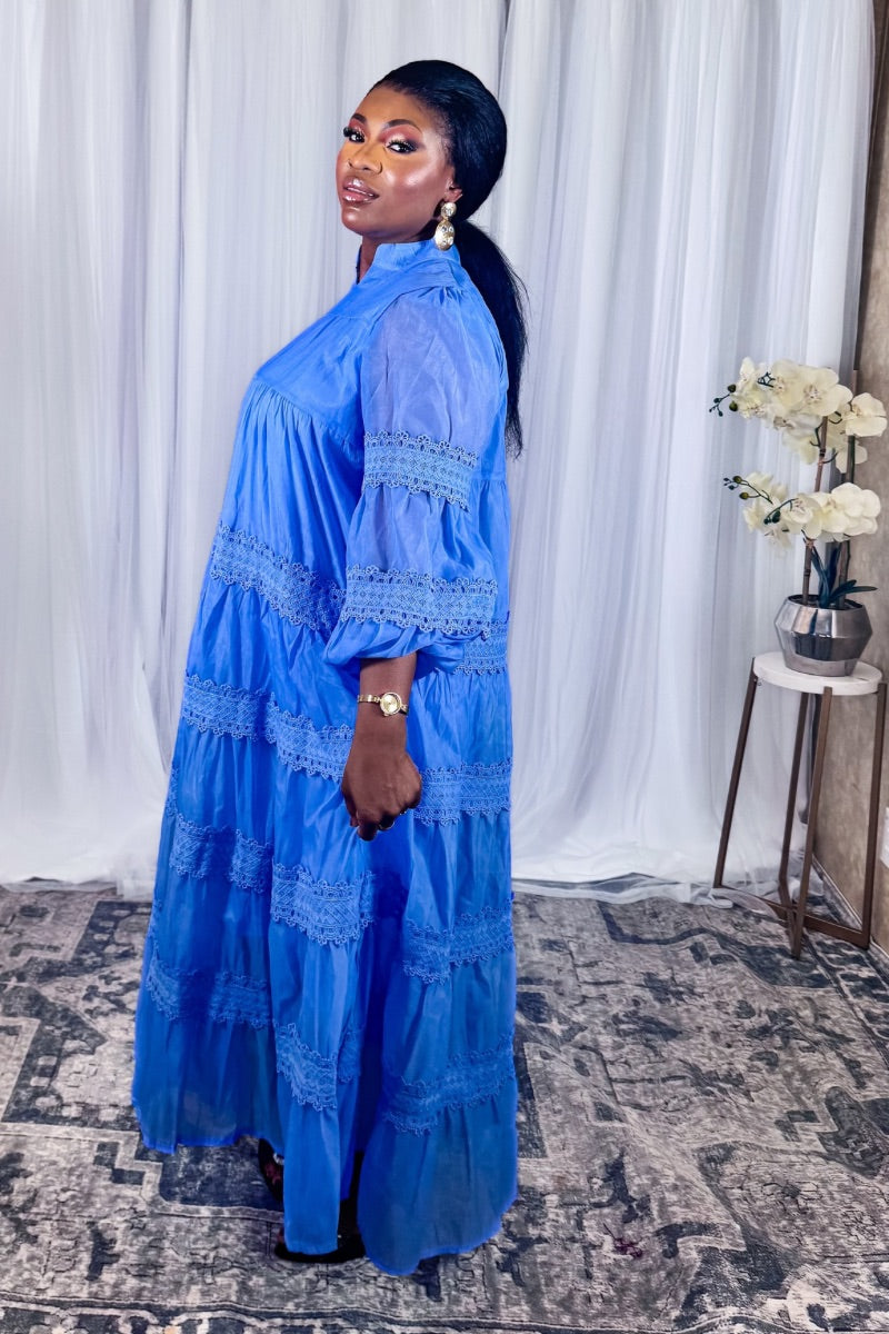 Royal Grace – Tiered Maxi Dress with Lace Trim and Sheer Sleeves