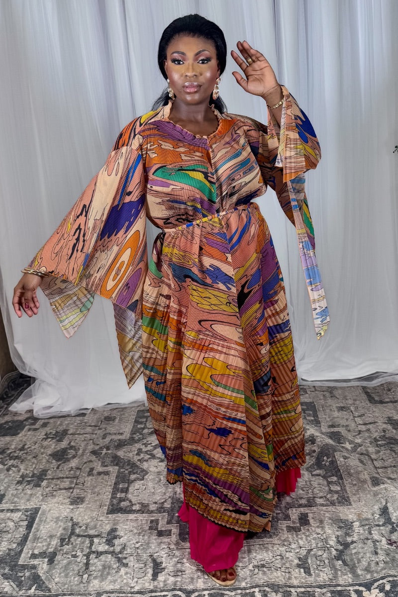 Sunset Flow – Pleated Abstract Print Two-Piece Set