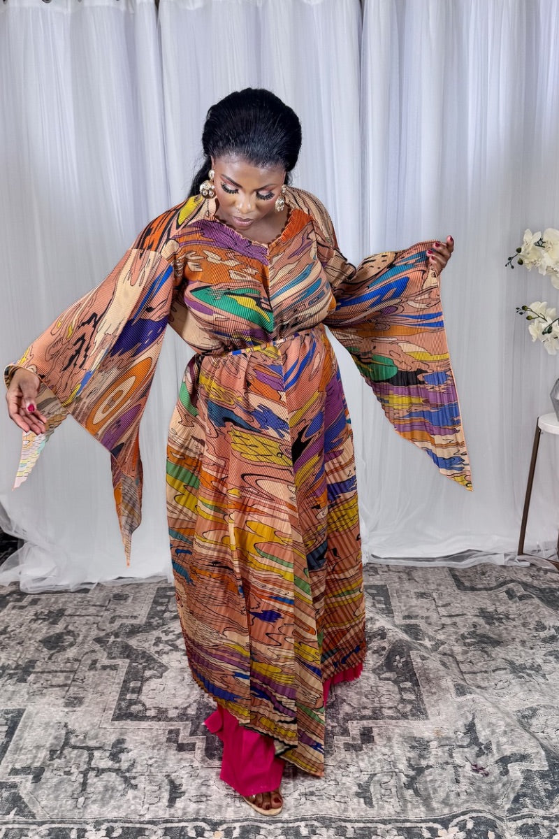 Sunset Flow – Pleated Abstract Print Two-Piece Set