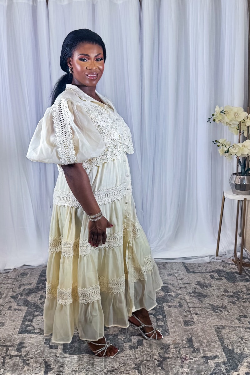 Lace Romance – Cream Puff Sleeve Tiered Midi Dress