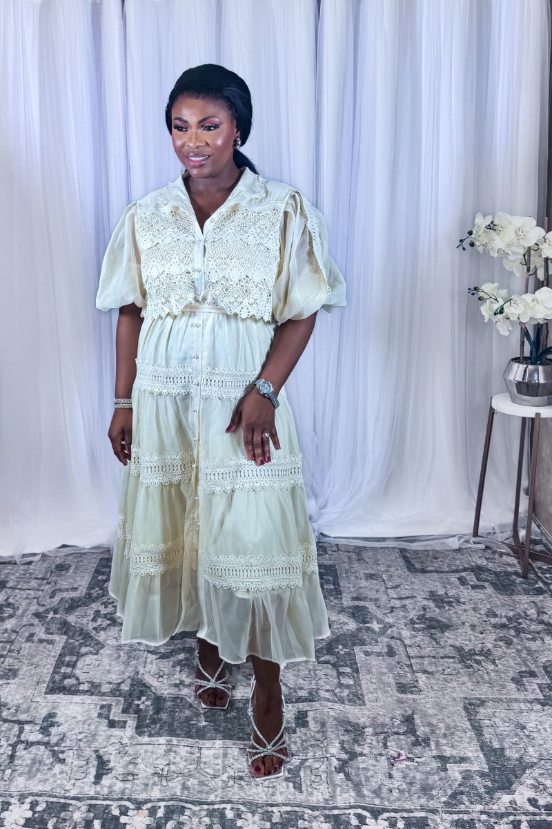 Lace Romance – Cream Puff Sleeve Tiered Midi Dress