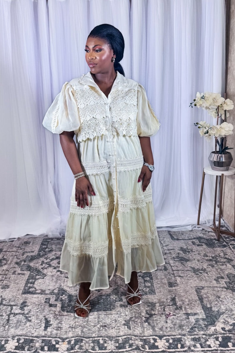 Lace Romance – Cream Puff Sleeve Tiered Midi Dress