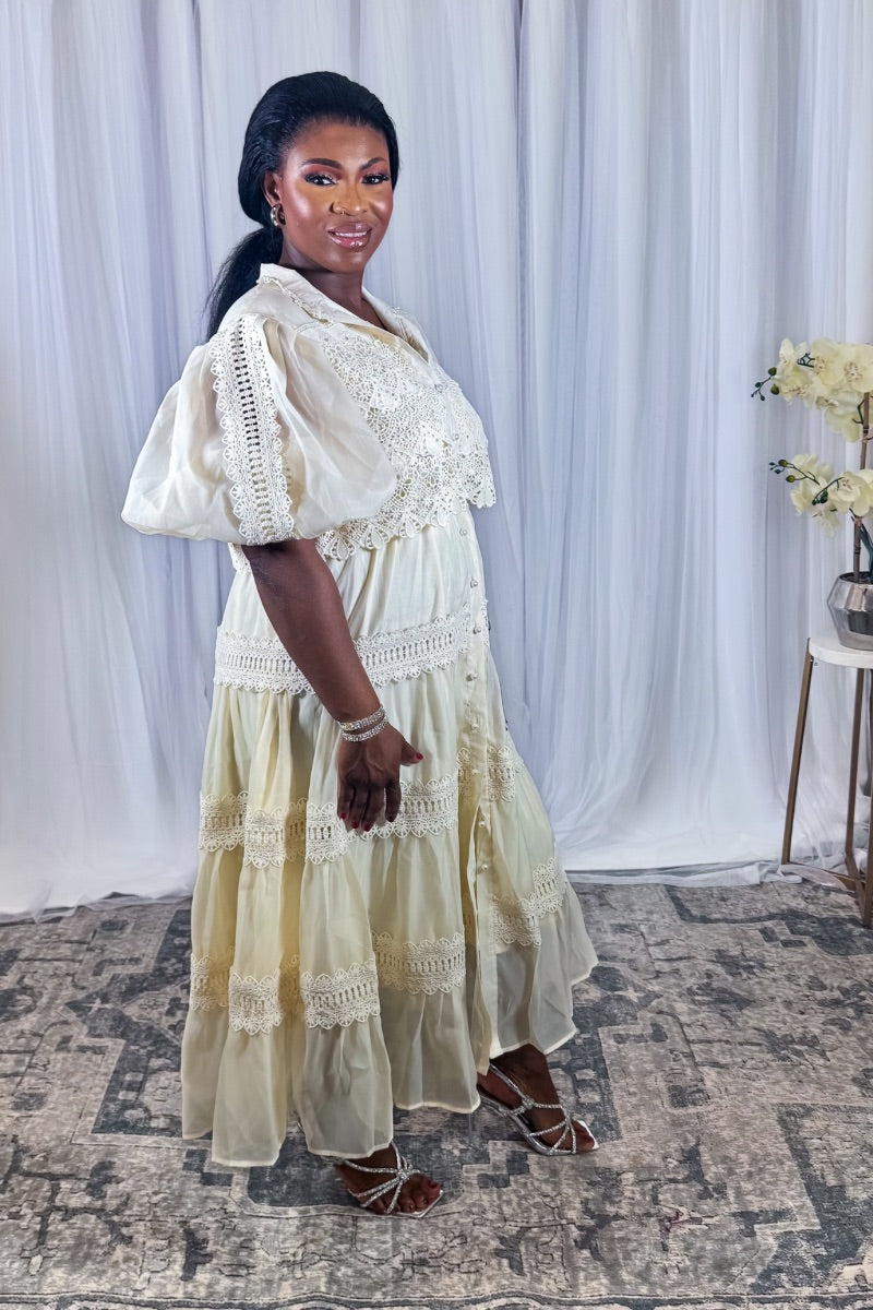 Lace Romance – Cream Puff Sleeve Tiered Midi Dress