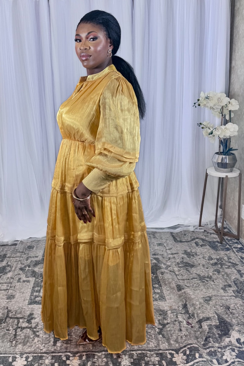 Golden Bloom – Tiered Satin Maxi Dress