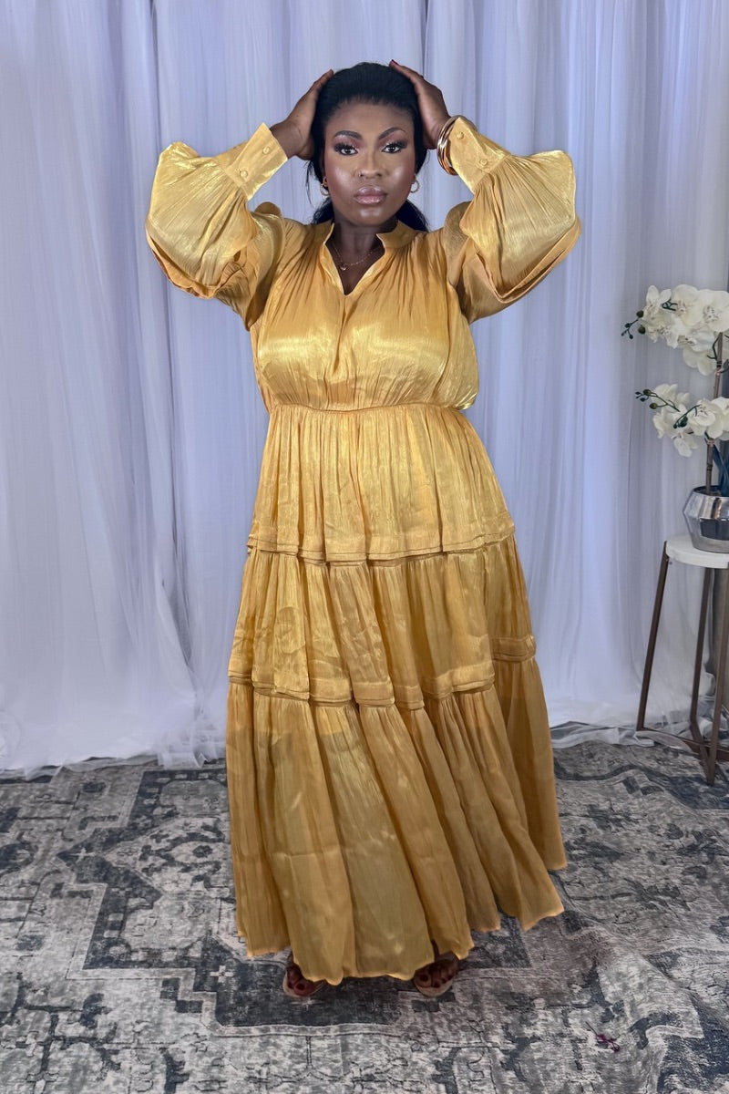 Golden Bloom – Tiered Satin Maxi Dress