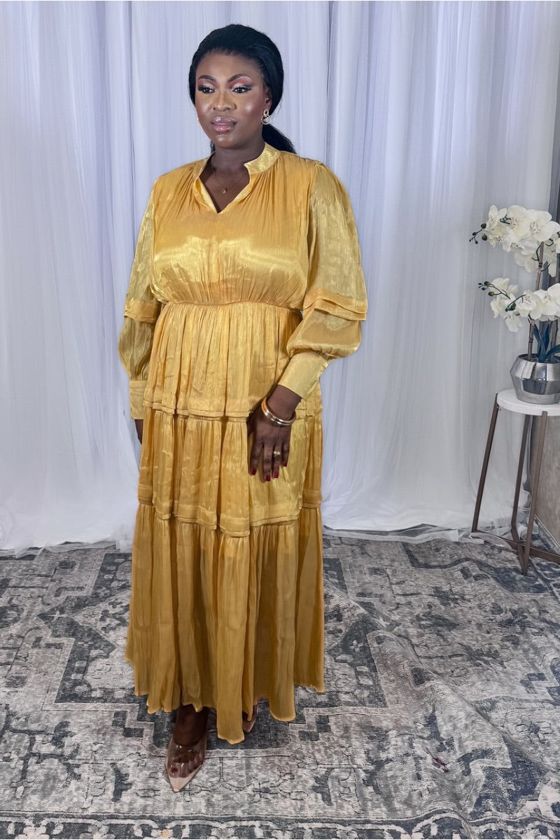 Golden Bloom – Tiered Satin Maxi Dress