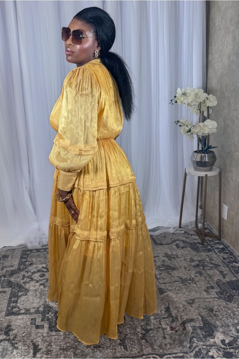 Golden Bloom – Tiered Satin Maxi Dress