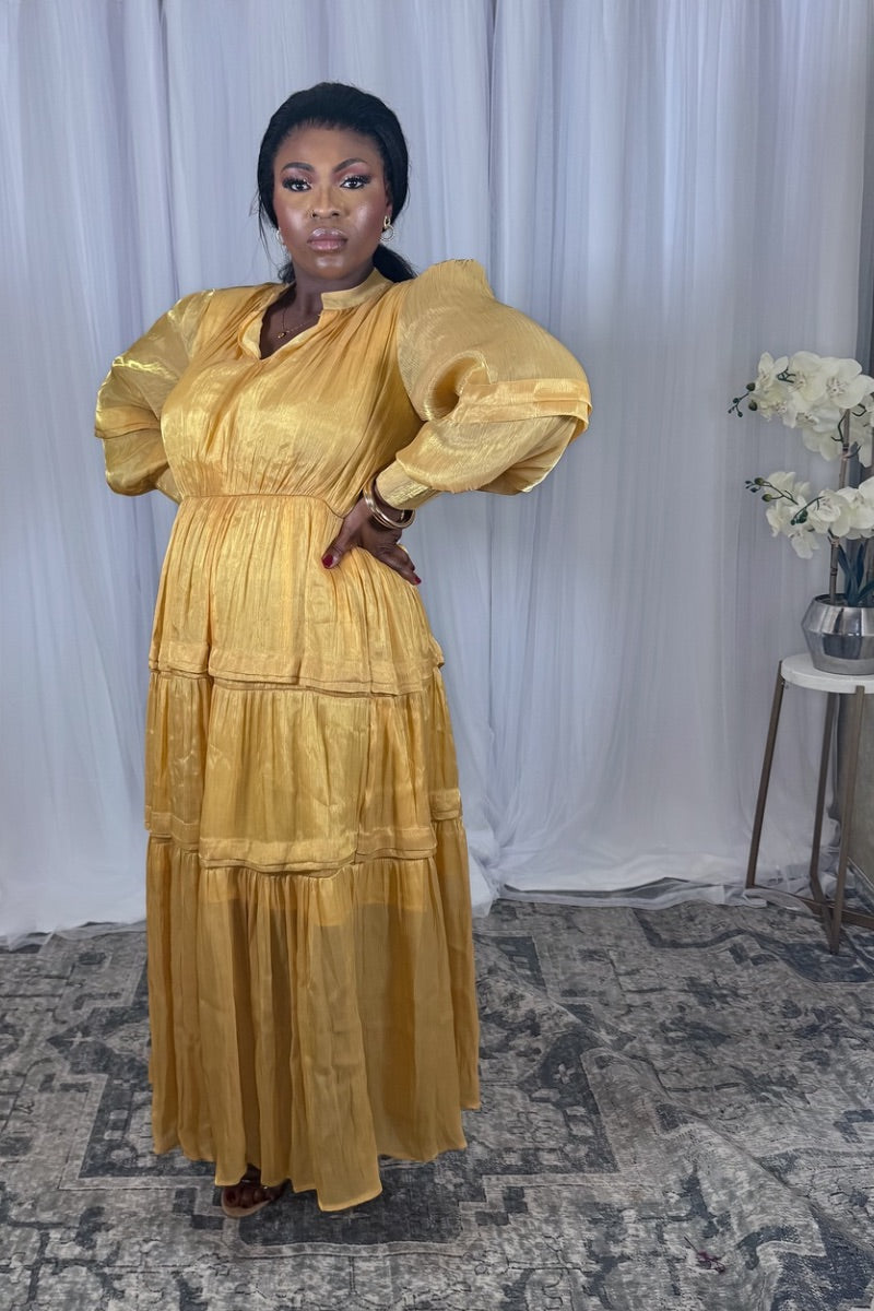 Golden Bloom – Tiered Satin Maxi Dress