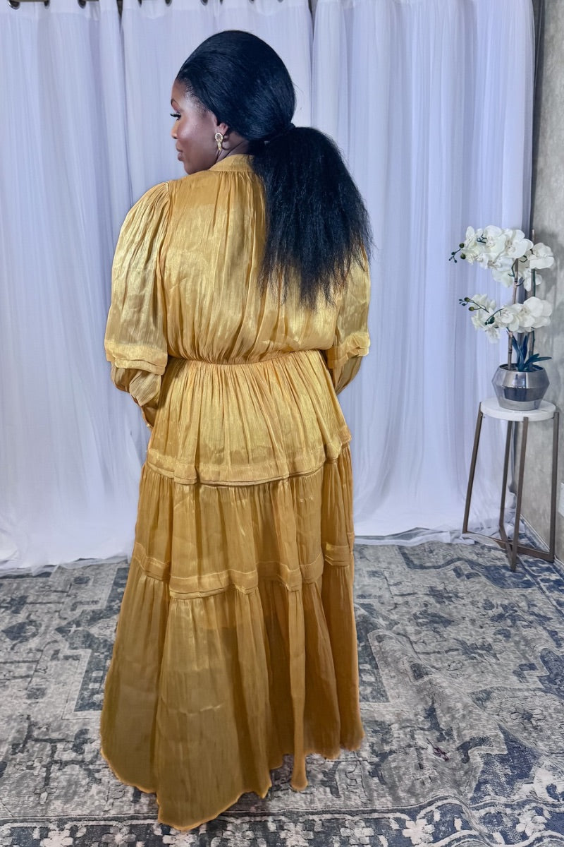 Golden Bloom – Tiered Satin Maxi Dress