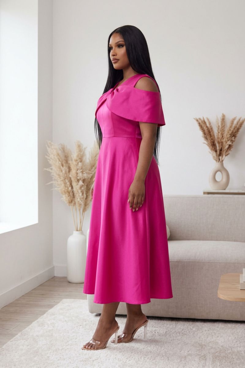 Elegant Fuchsia Modest Midi Dress for Church & Events, L