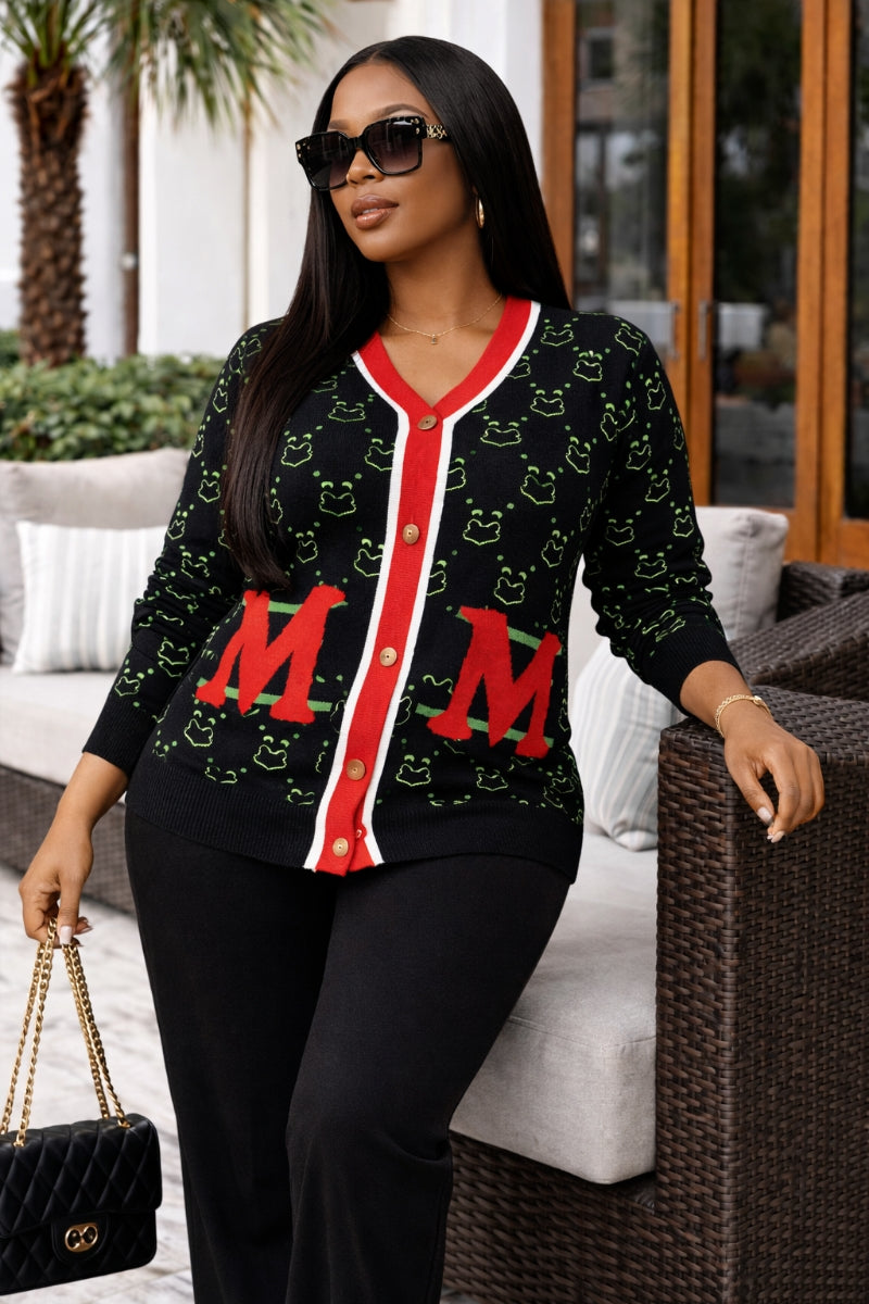 Close lifestyle view of Noel Charm Knit Pant Set showing contrast trim detail and wide-leg silhouette