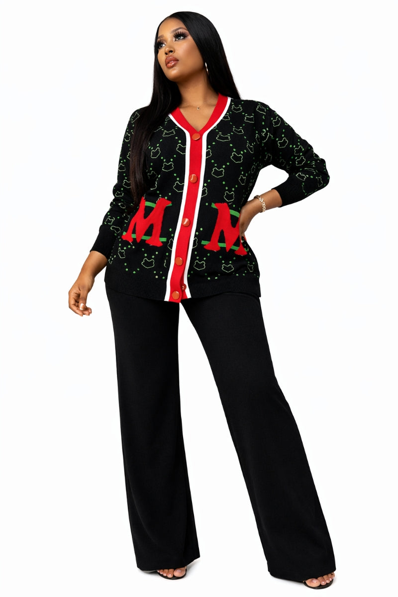 Noel Charm Knit Pant Set on white background featuring a black knit cardigan top and wide-leg pants