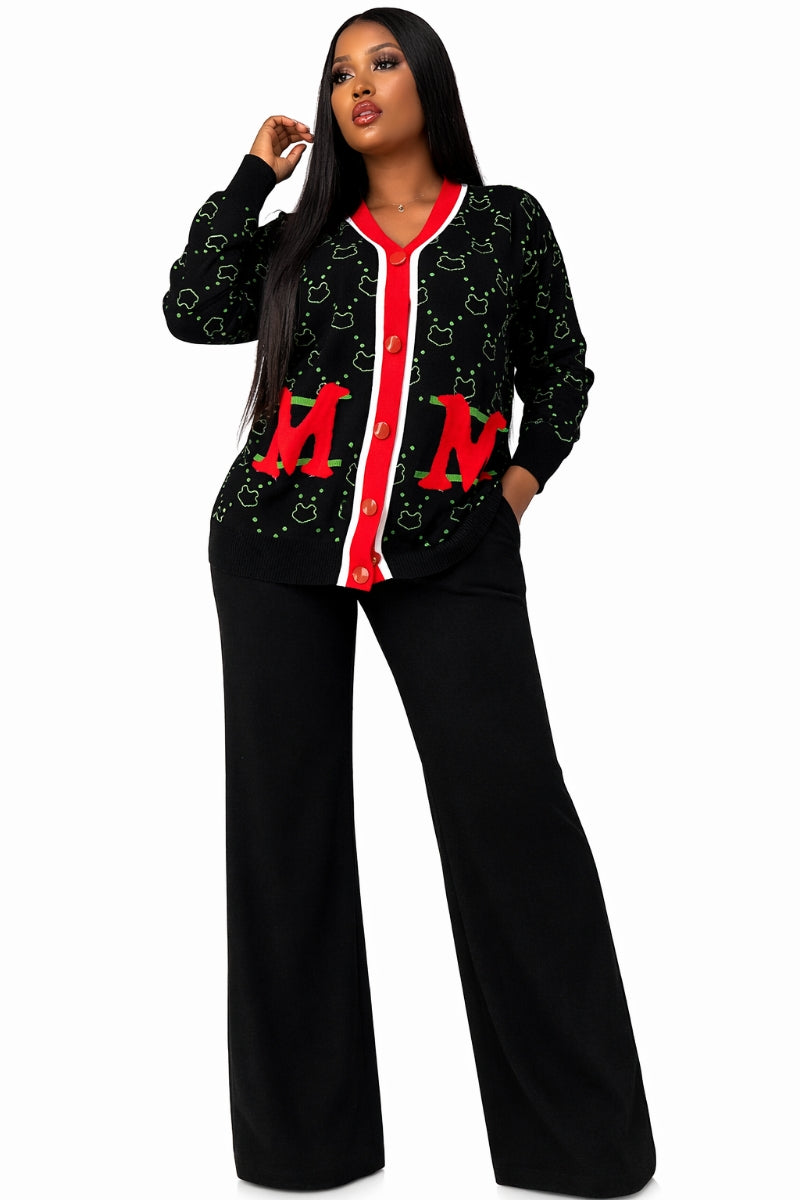 Noel Charm Knit Pant Set on white background featuring a black knit cardigan top and wide-leg pants