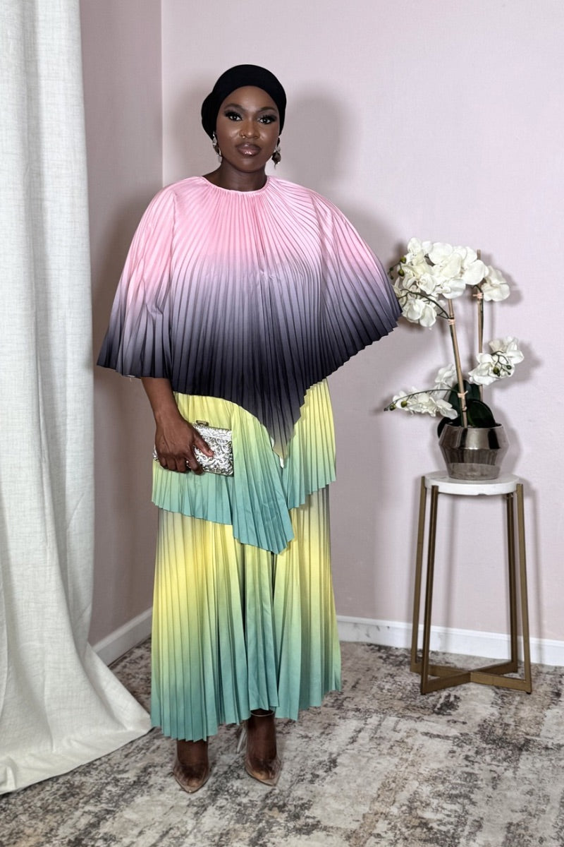 Aurora Meadow Bloom pleated cape top in soft pink and lavender ombré.