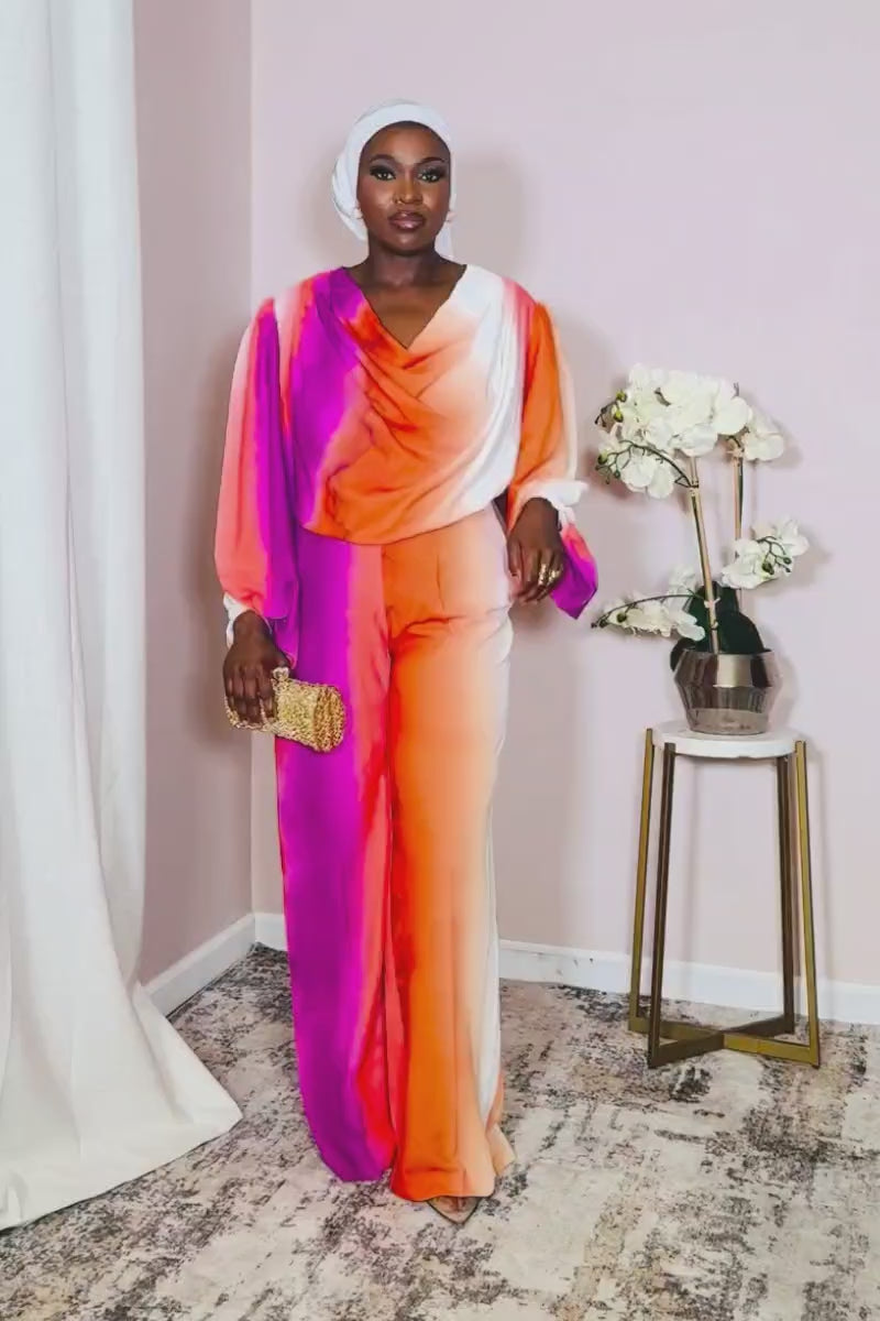 Sunset Glow Satin Cowl-Neck Wide-Leg Set