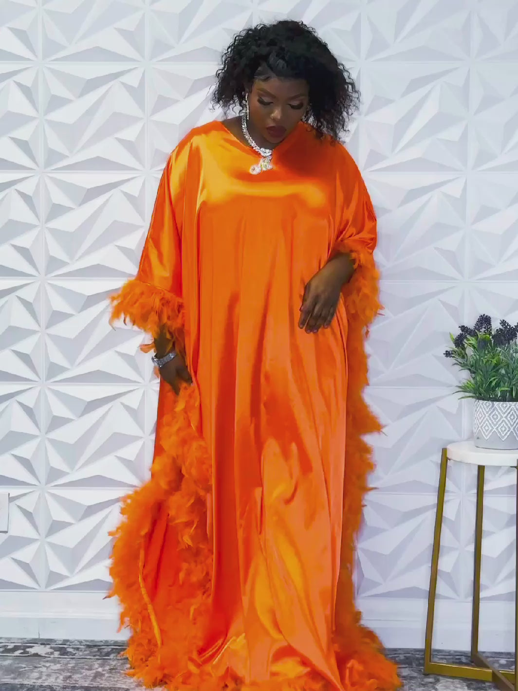 Luxurious Orange Silk Robe with Feather Trim