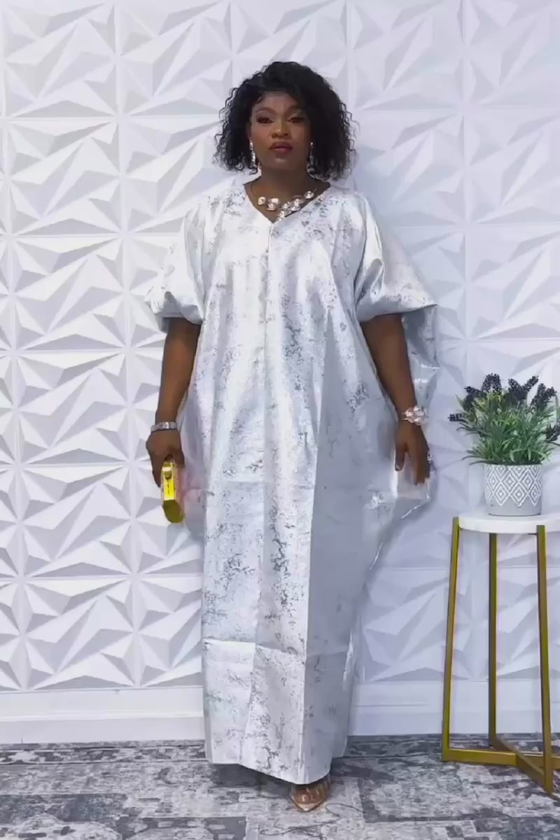 Elegant Silver Jacquard Midi Dress with Side Slit