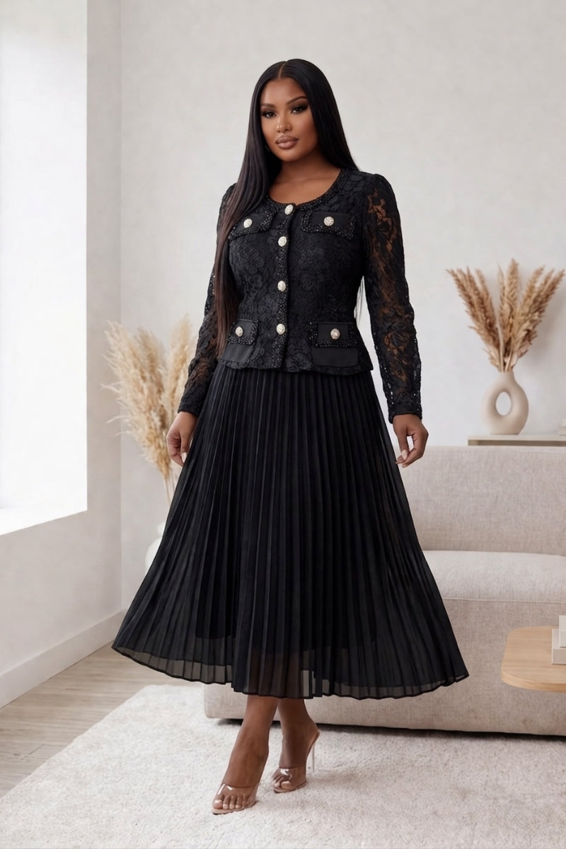 Black Pearl Button
Tweed Pleated Midi Dress