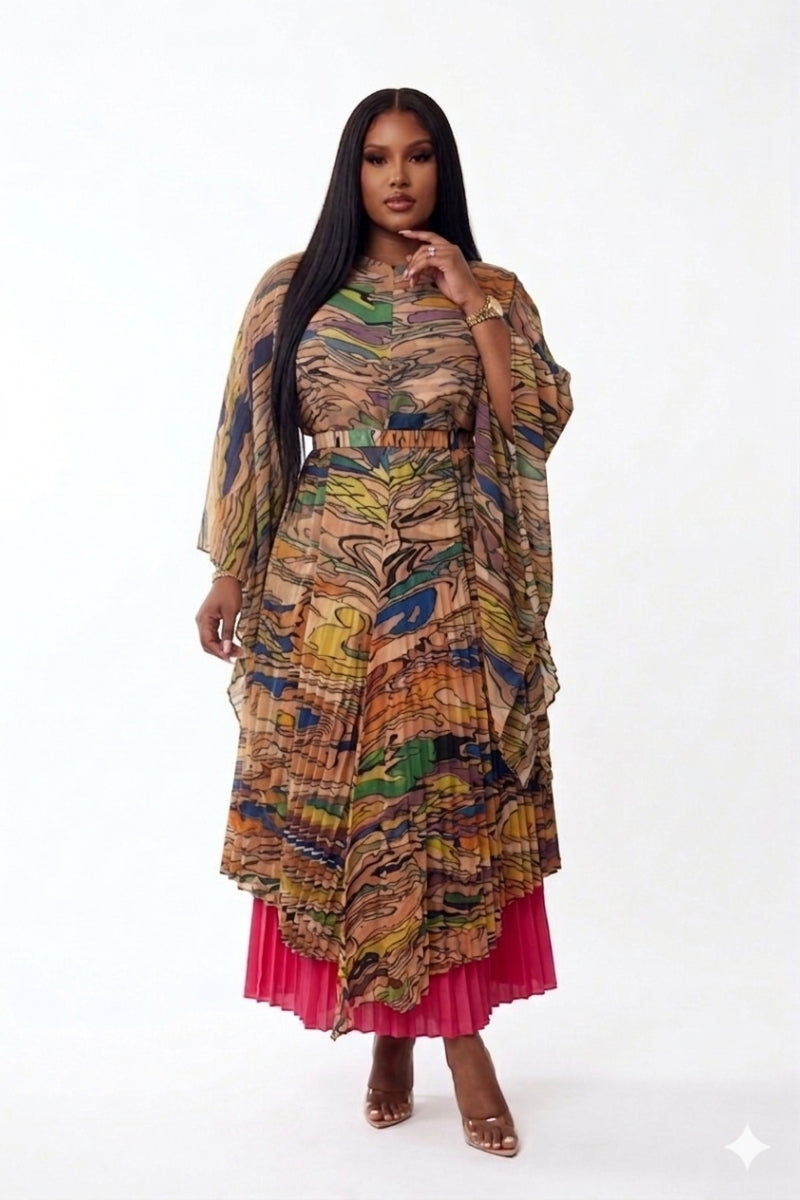 Sunset Flow – Pleated Abstract Print Two-Piece Set