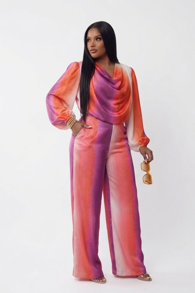 Sunset Glow Satin Cowl-Neck Wide-Leg Set