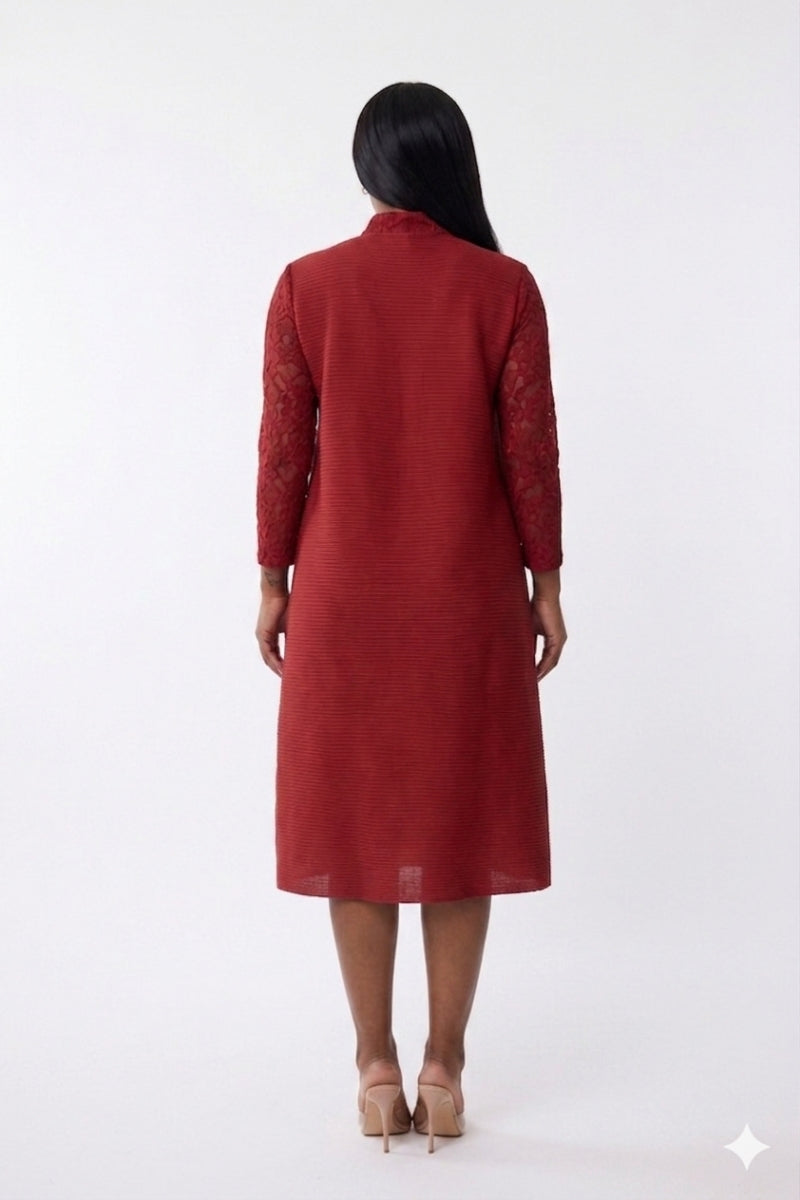 Red Lace & Embroidered Button-Down Midi Dress